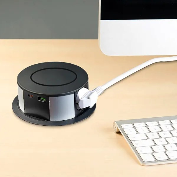 Solight PP120CW-PD20-B - Colonna presa da tavolo con Qi, 3x230V, USB-A e USB-C