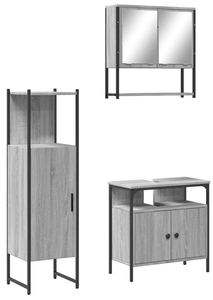 Set mobili da bagno 3 pz grigio sonoma in legno multistrato