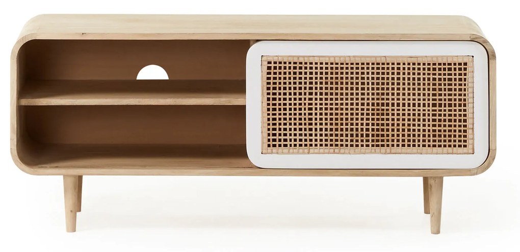 Kave Home - Mobile TV Georg 1 anta in legno massello di mango e canna da bambú da 120 x 50 cm