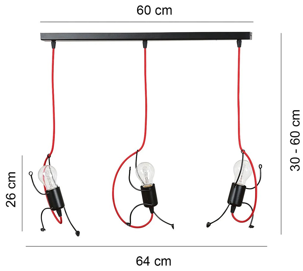 Sospensione 3 Luci Moderna Bobi In Acciaio Nero E Cavi Rossi A Figura Umana