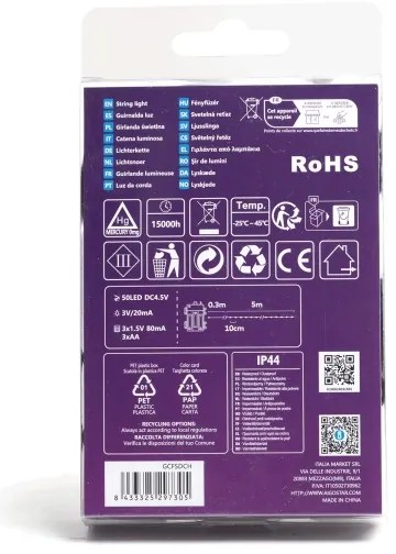 Aigostar - Catena luminosa LED da esterno 50 LED/8 funzioni, 3x batterie AA, 5,3 m, IP44, bianco caldo