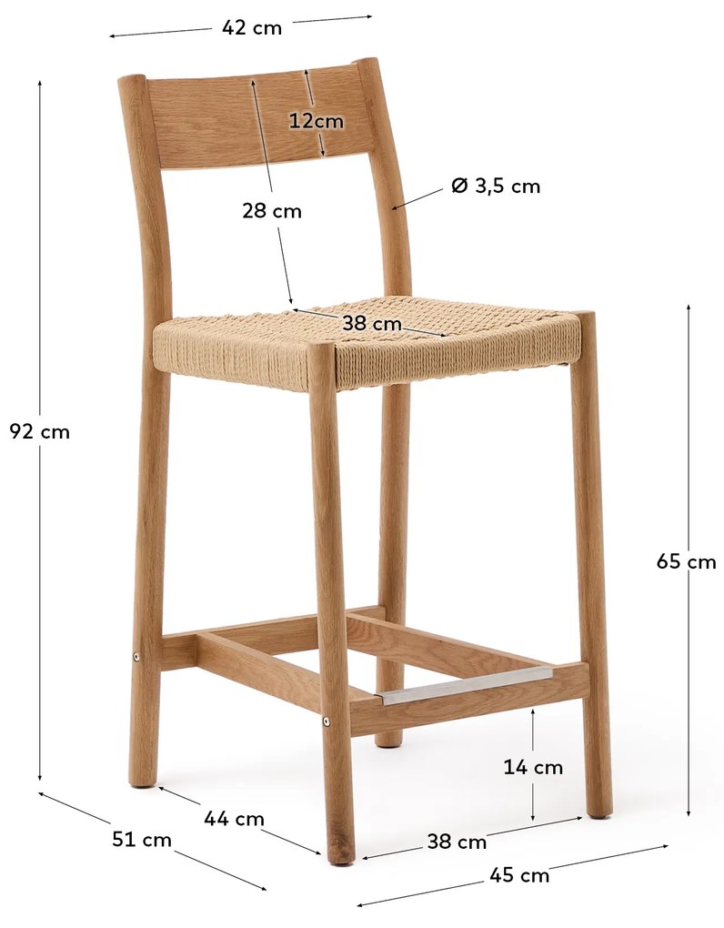 Kave Home - Sgabello Yalia con schienale in legno massello di rovere finitura naturale FSC 100% e sedu