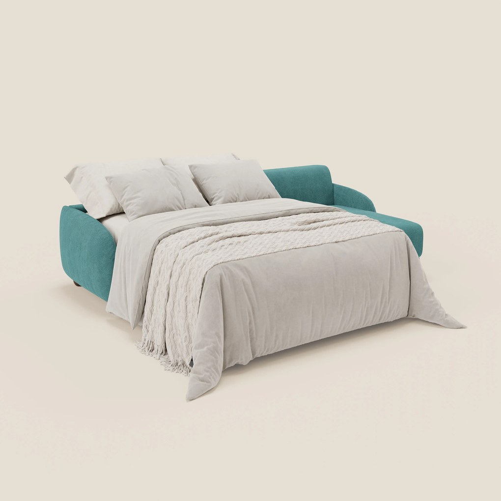 Giglio divano letto angolare con materasso alto 18 cm e penisola contenitore in morbido bouclé impermeabile T07 azzurro