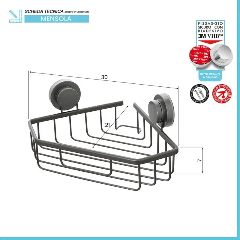 Mensola doccia portaoggetti angolare in acciaio canna di fucile doppio fissaggio