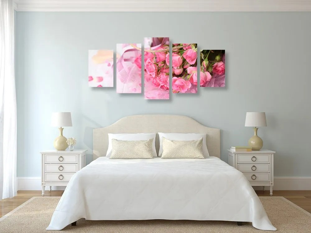 Quadri 5 pezzi – Bouquet romantico di rose rosa