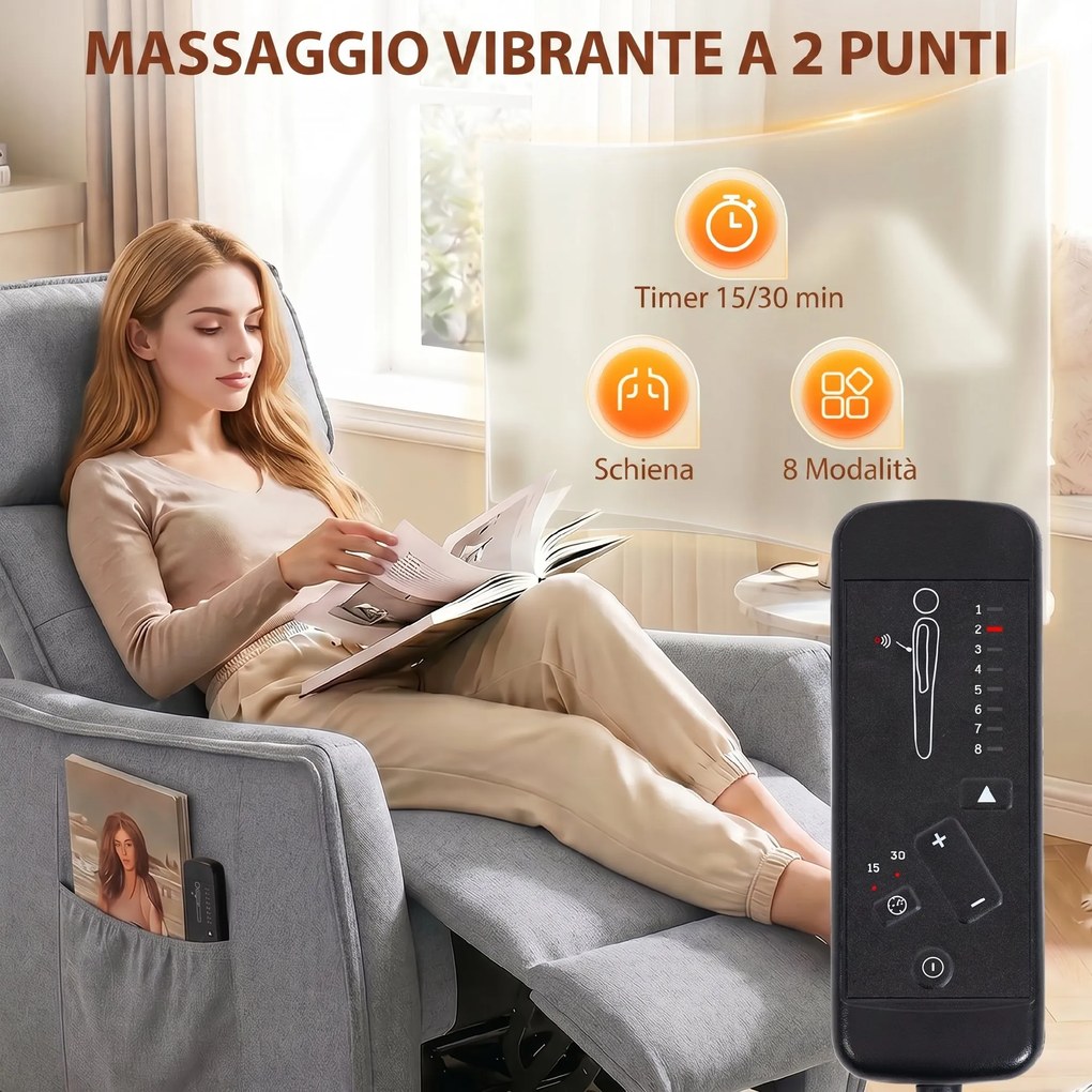 Poltrona Massaggiante 69x93x104 cm Reclinabile a 160° con Poggiapiedi e Telecomando Effetto Lino Grigio Chiaro...
