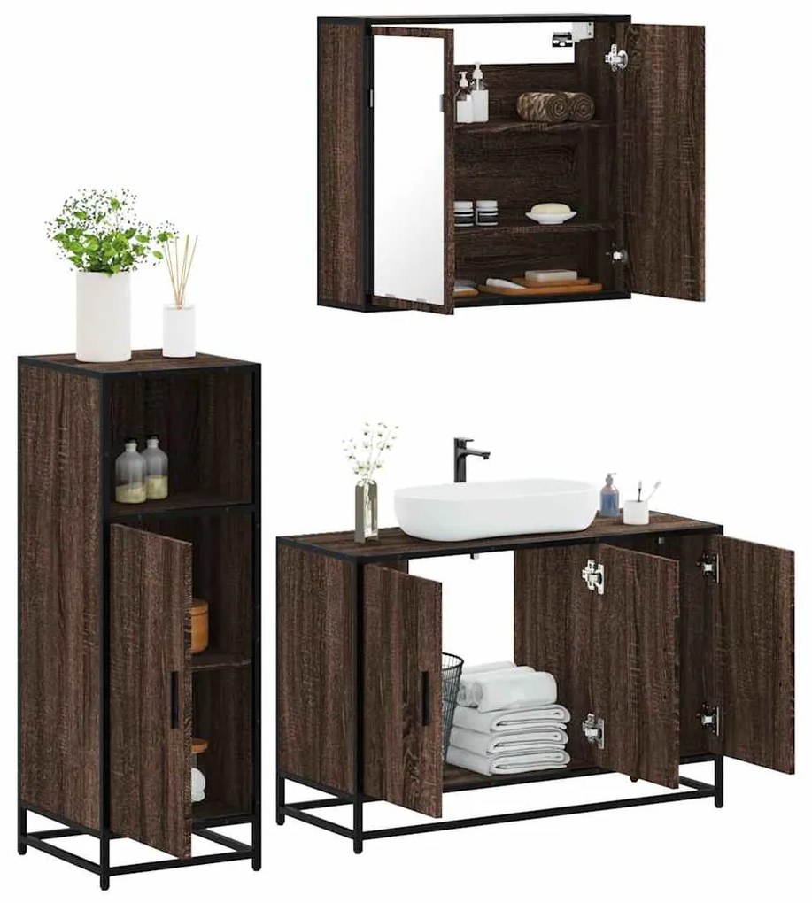 Set Mobili Da Bagno 3 Pz Rovere Marrone İn Legno Multistrato /