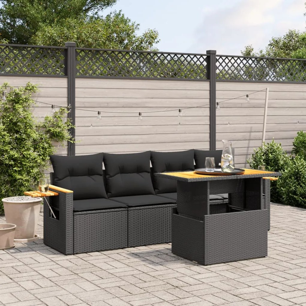 Set divani da giardino 5 pz con cuscini in polyrattan nero