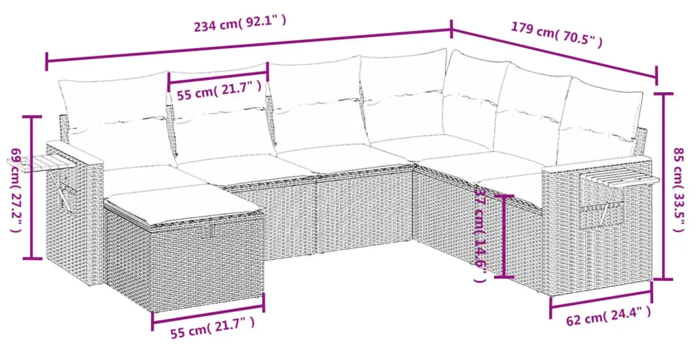 Set divano da giardino 7 pz con cuscini beige misto polyrattan