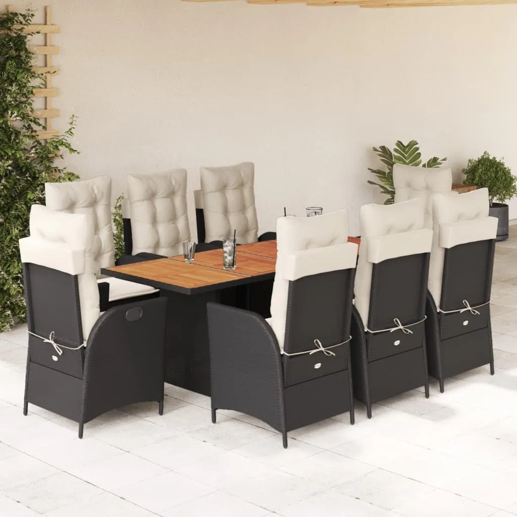 Set da pranzo da giardino 9 pz con cuscini nero in polyrattan