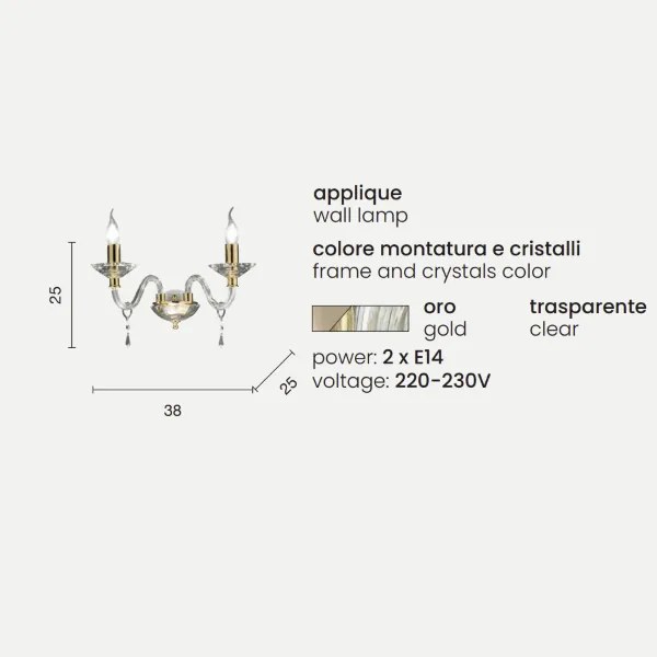 Applique FIAMMA in cristallo e vetro trasparente 38 cm finitura oro 2 Luci