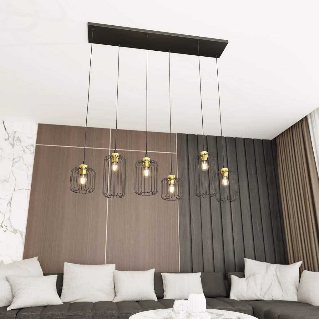 Sospensione Minimal Industrial Minerva 6 Luci Lineari Nera E Oro