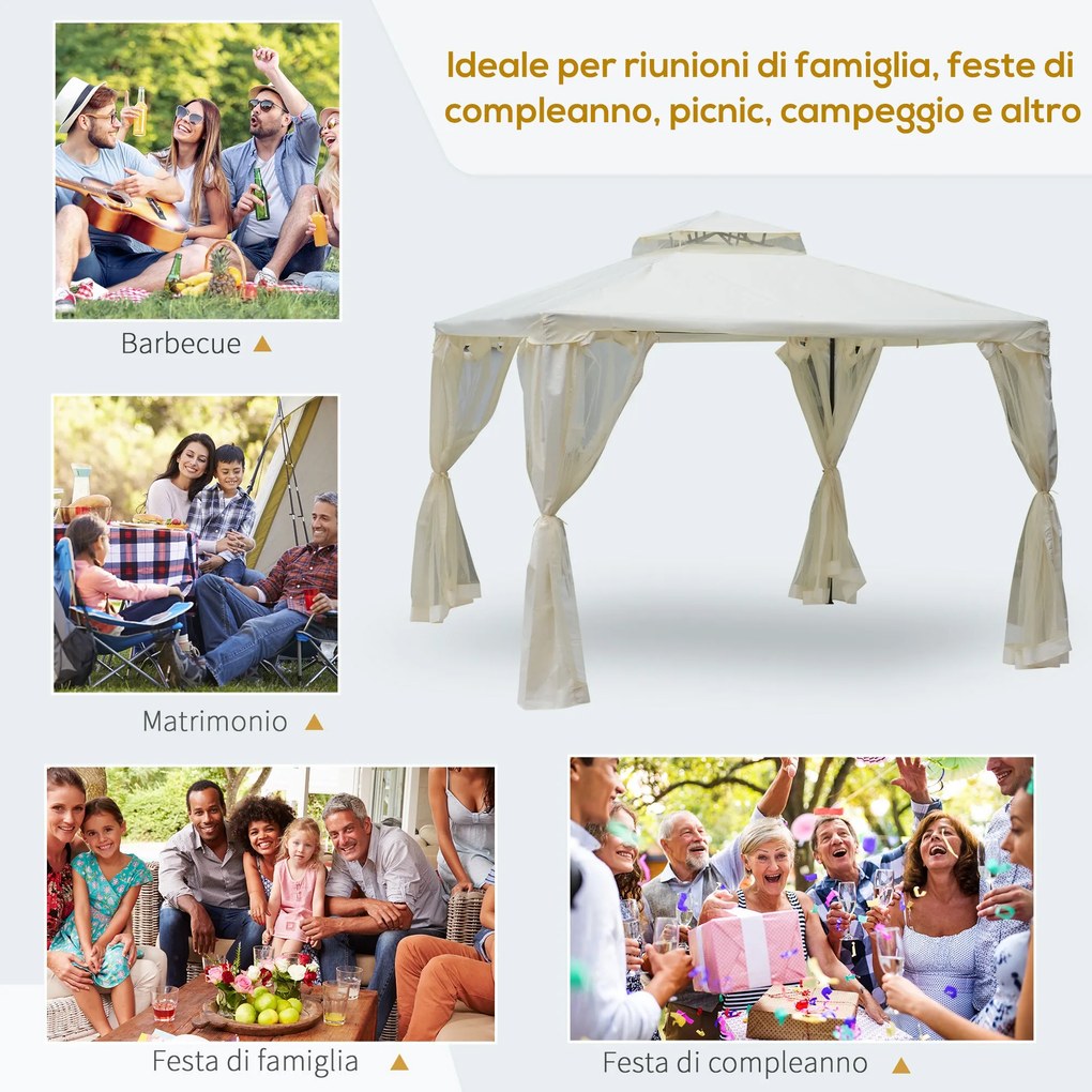 Gazebo da Giardino 2.95x2.95m in Metallo Doppio Tetto Zanzariera e Laterali Beige...