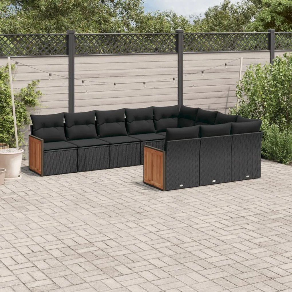 Set divani da giardino 10pz con cuscini in polyrattan nero