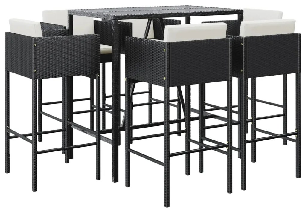 Set bar da giardino 7 pz con cuscini in polyrattan nero