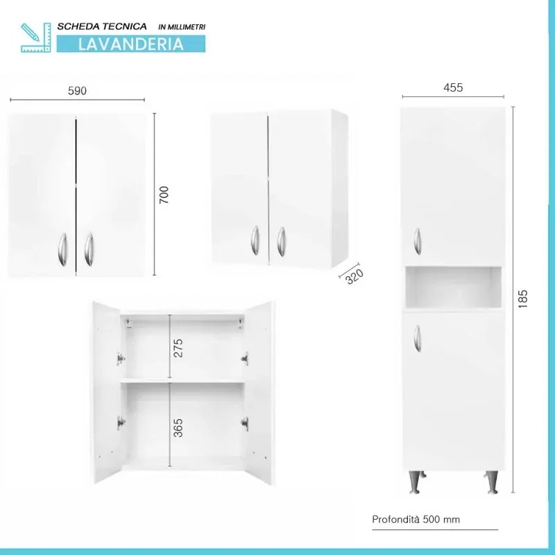 Set da 60 cm con lavatoio colonna e pensile in legno nobilitato bianco Fedra