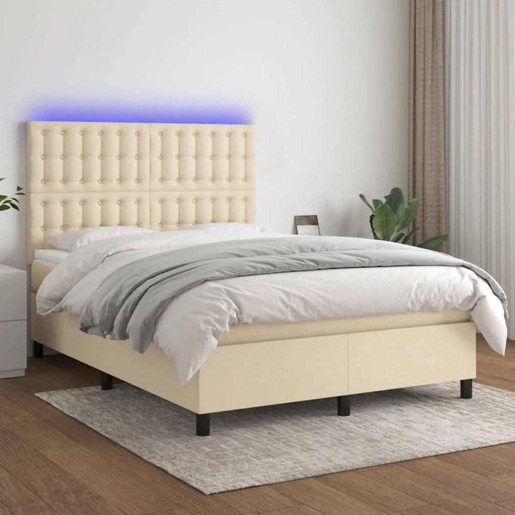 Letto a molle con materasso e led crema 140x200 cm in tessuto