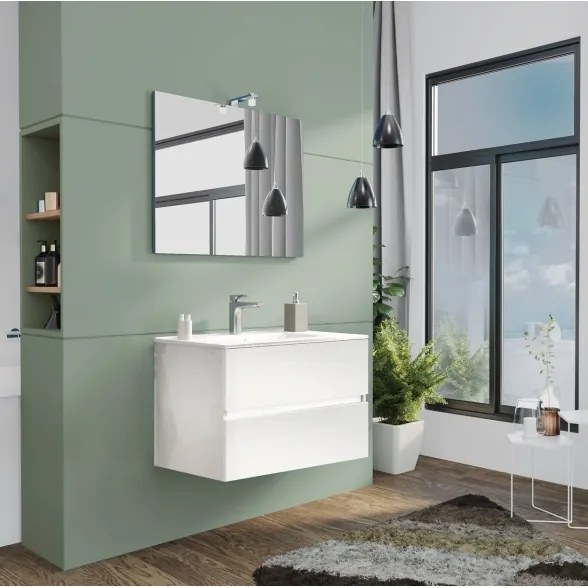 Mobile da bagno sospeso 80 cm con lavabo, specchio e led bianco lucido