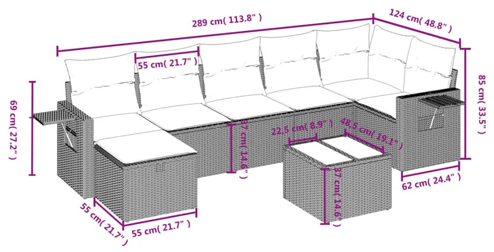 Set divano da giardino 8pz con cuscini grigio chiaro polyrattan