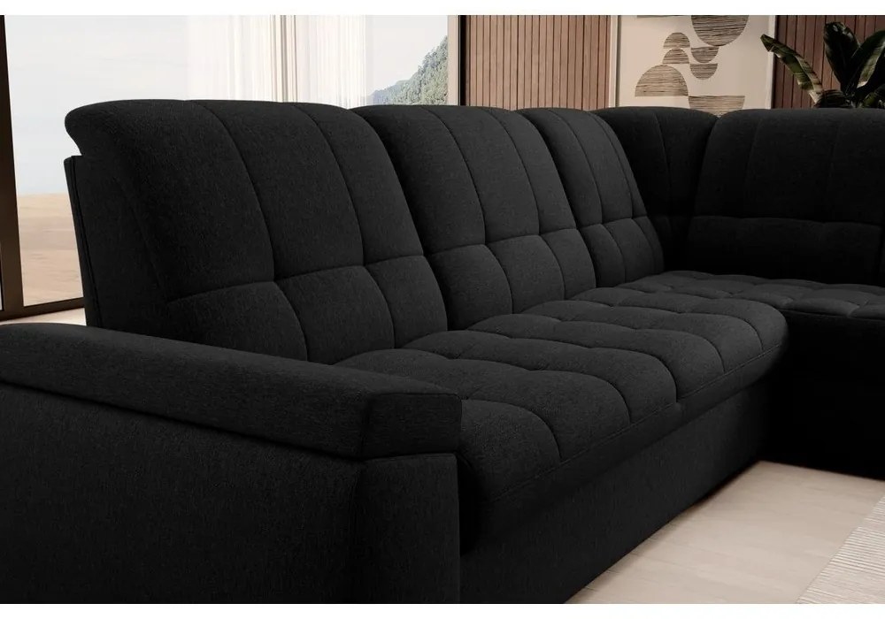 Divano angolare nero allungabile/con contenitore (con penisola a destra/a L) Sado – ELTAP