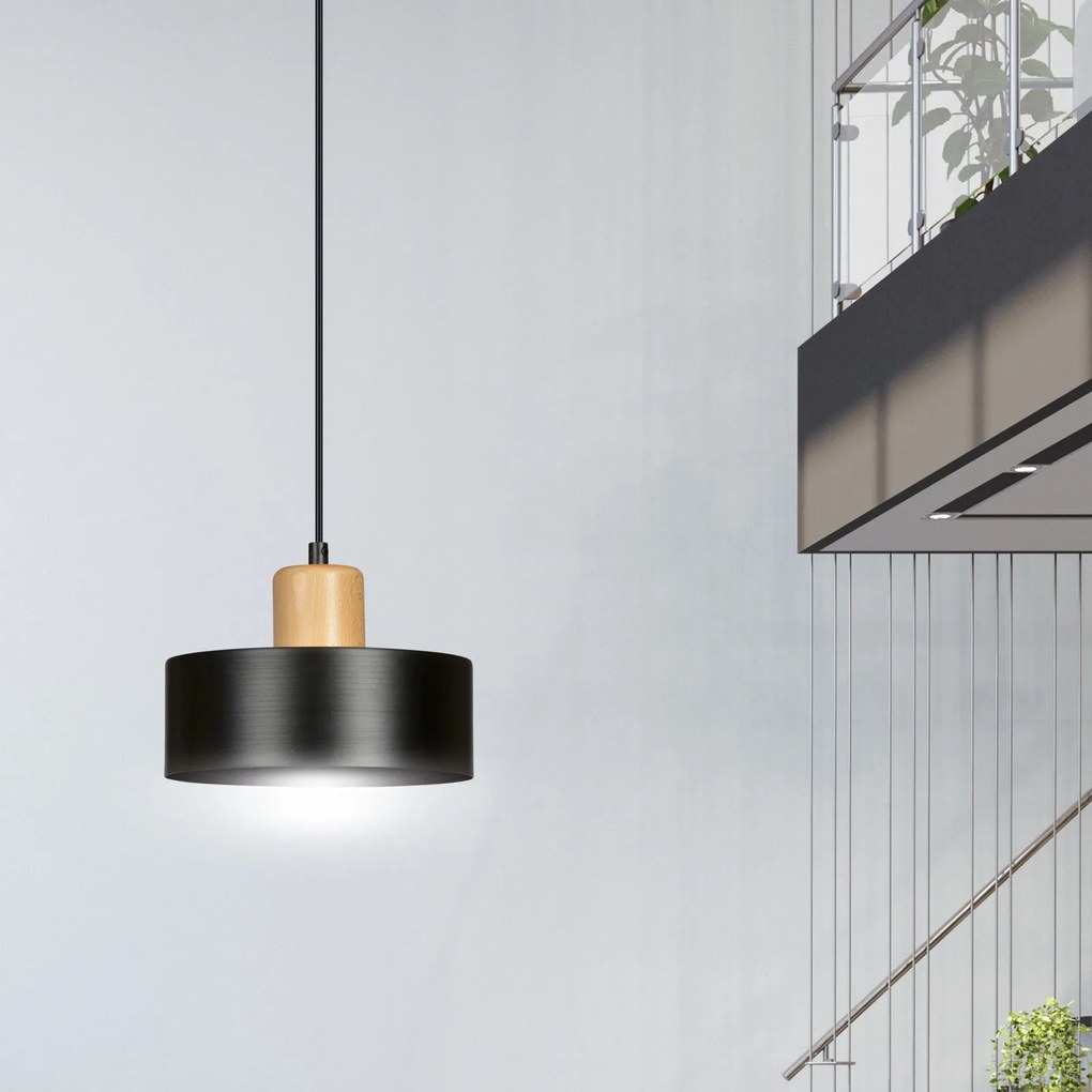 Sospensione Nordica 1 Luce Torin In Acciaio Nero E Legno