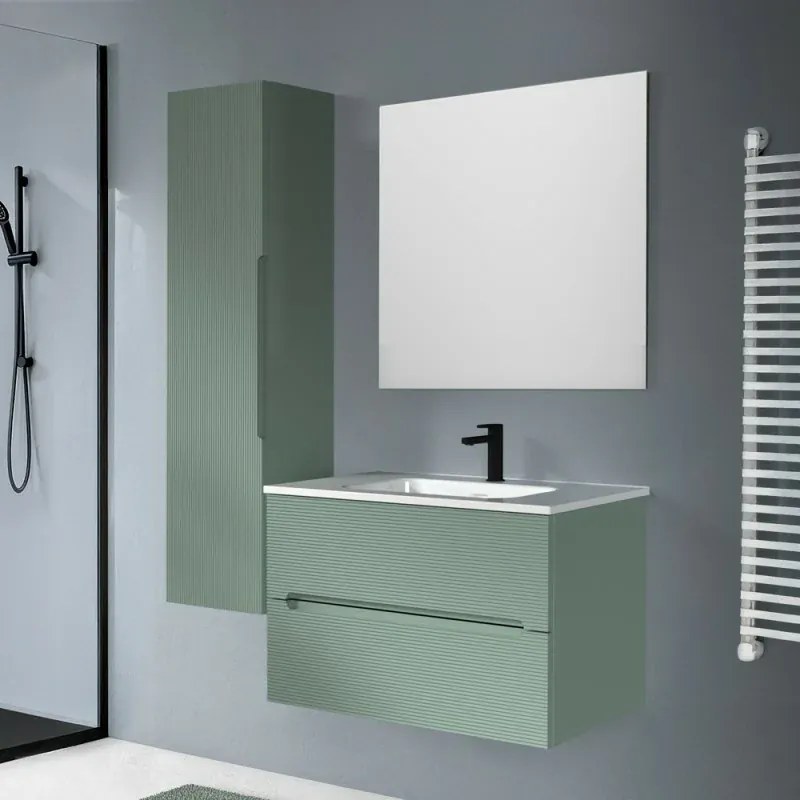 Colonna bagno sospesa H 138 cm verde opaco cannettato con ripiani Rigo