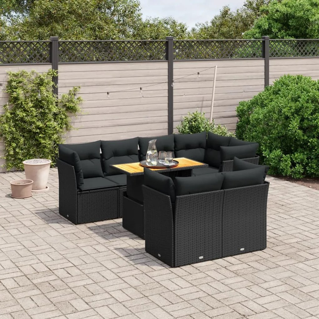 Set divani da giardino con cuscini 8 pz nero in polyrattan