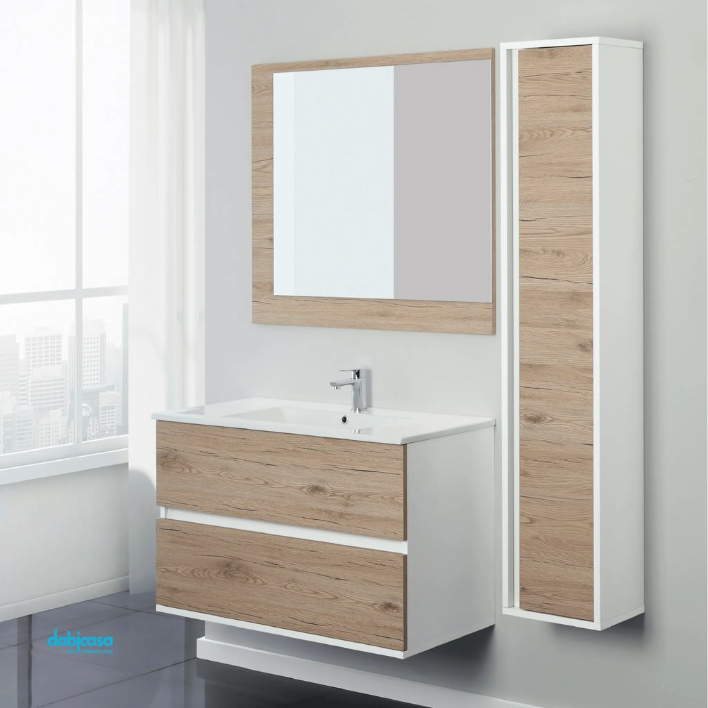 Mobile Bagno Sospeso "Fabula 90" Da 90 Cm Composto Da Due Cassetti Lavabo E Specchio Finitura Bianco/Rovere Di Bordeaux