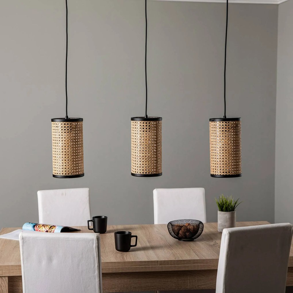 Lampada a sospensione Lindby Yaelle, lunghezza 92 cm, a 3 luci, rattan, E27