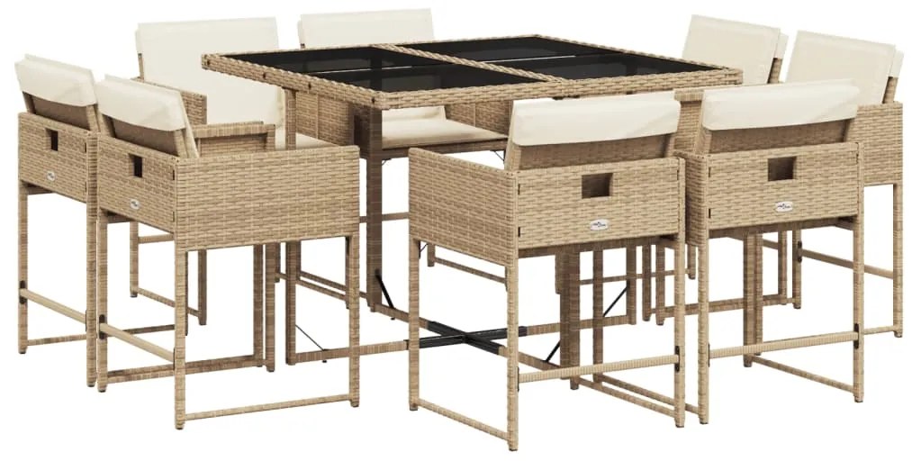 Set da pranzo da giardino 9 pz con cuscini beige in polyrattan