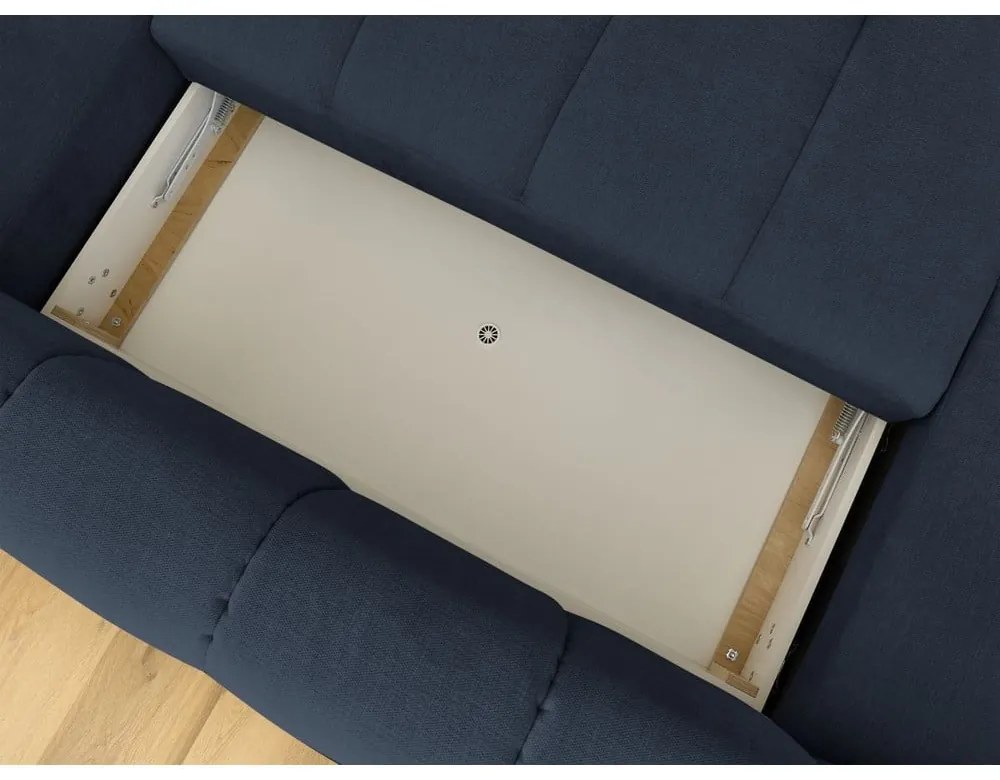 Divano angolare blu scuro allungabile e con contenitore (penisola a destra/a U) con rivestimento in ciniglia Fuji – Bobochic Paris