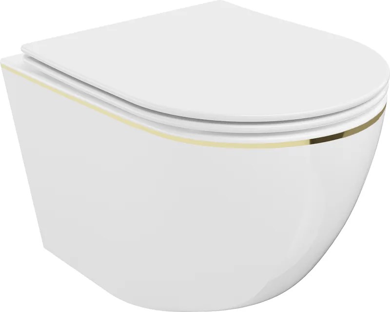 Mexen Lena ceramica wc Rimless con sedile a chiusura rallentata slim, duroplast, bianco/linea oro - 30224005