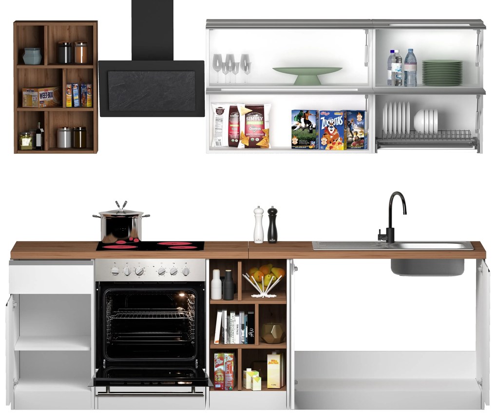 Cucina Lineare Moderna SOLE 256 cm – Bianco Lucido e Rovere, Soft Close