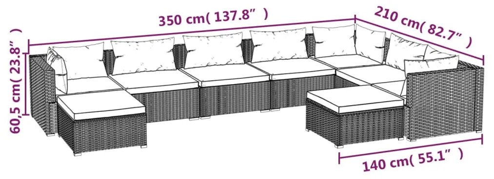 Set Divani da Giardino 9 pz con Cuscini in Polyrattan Grigio