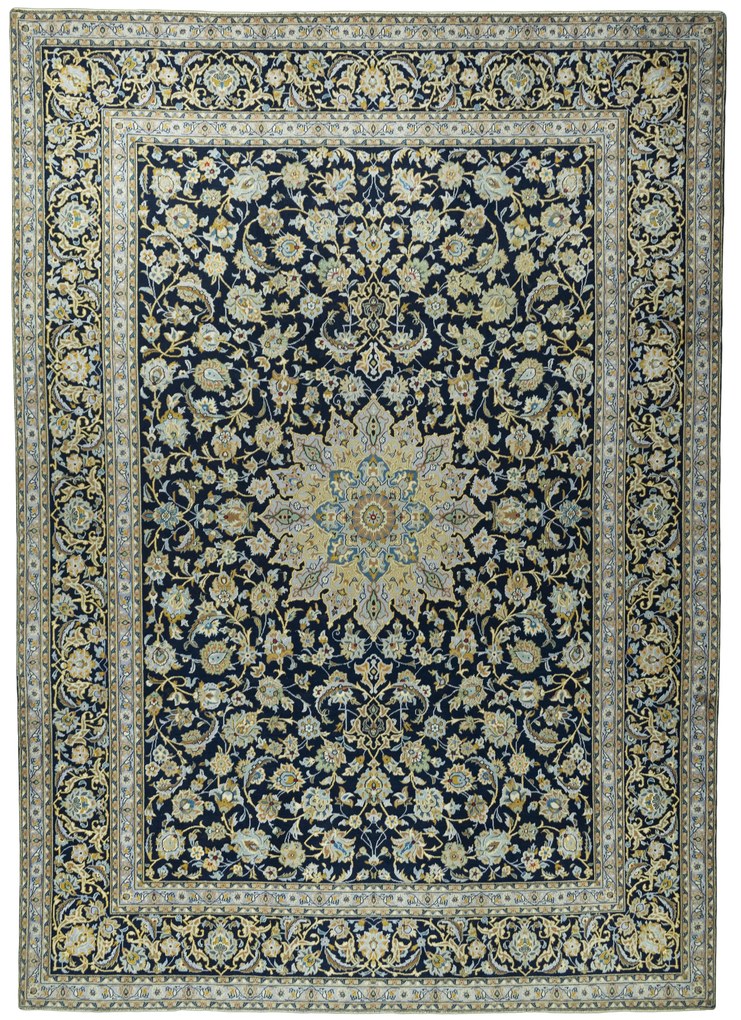 Kashan Tappeto 440x310 Blu (Iran) Annodato A Mano