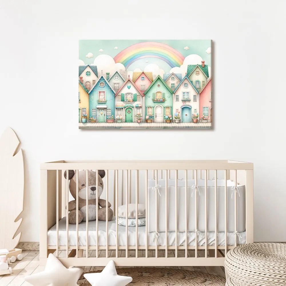 Quadro su tela – Casette pastello con arcobaleno