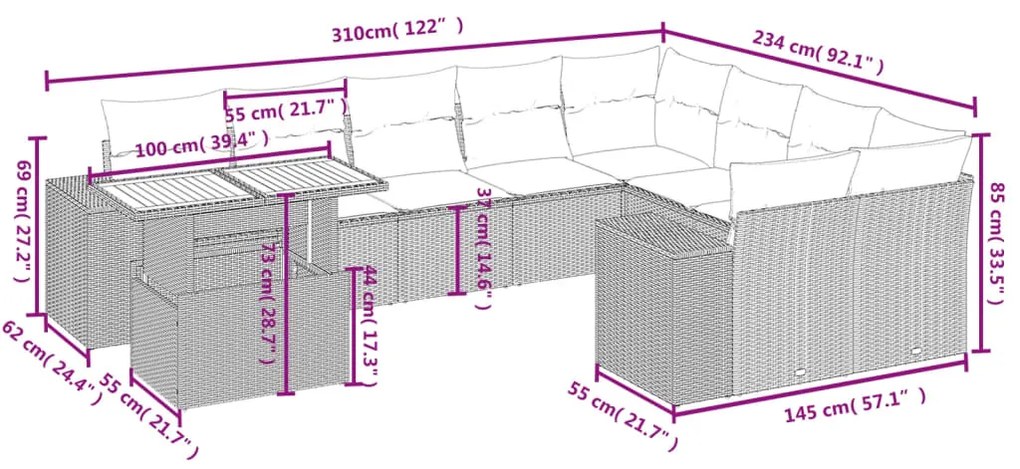 Set divano da giardino 10 pz con cuscini beige in polyrattan