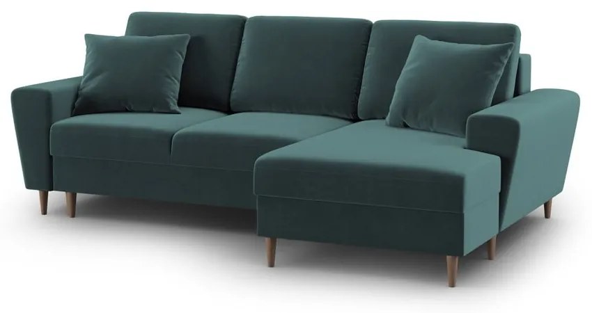 Divano angolare color petrolio allungabile e con contenitore (con penisola a destra/con chaise lounge) con rivestimento in velluto Kyoto – Cosmopolitan Design