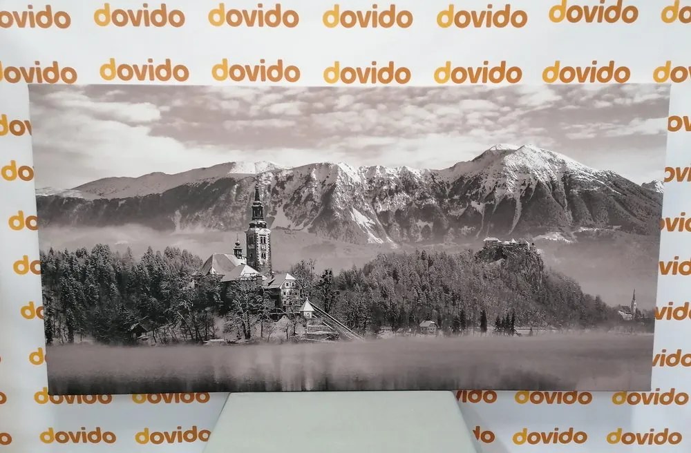 Stampa su tela – Chiesa sul lago Bled in Slovenia in bianco e nero