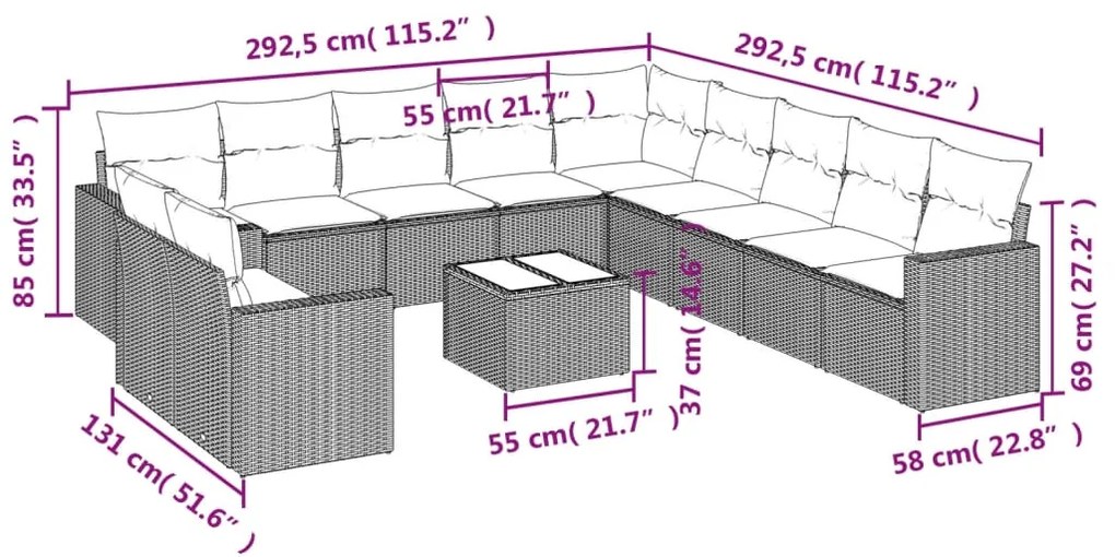 Set divani da giardino 12 pz con cuscini beige in polyrattan