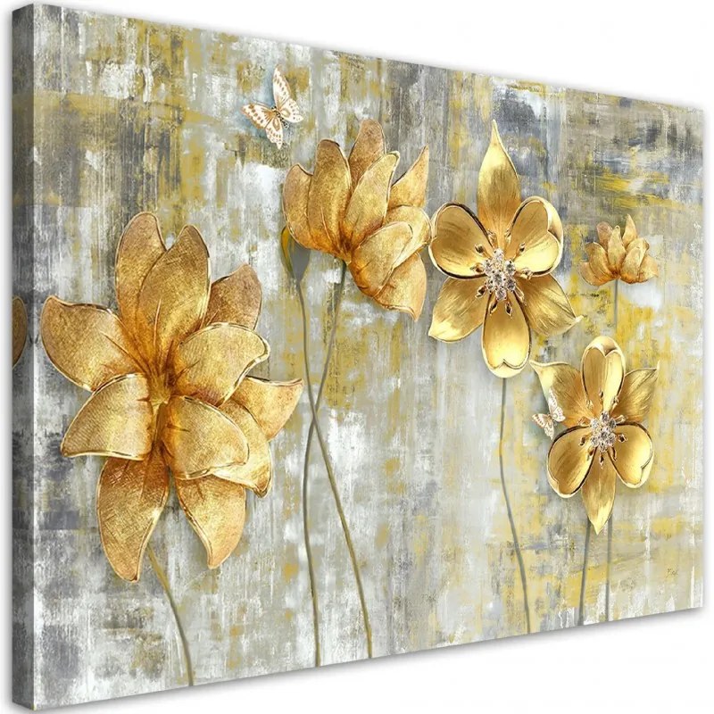 Quadro su tela, Fiori e farfalle dorate  Dimensioni 60x40