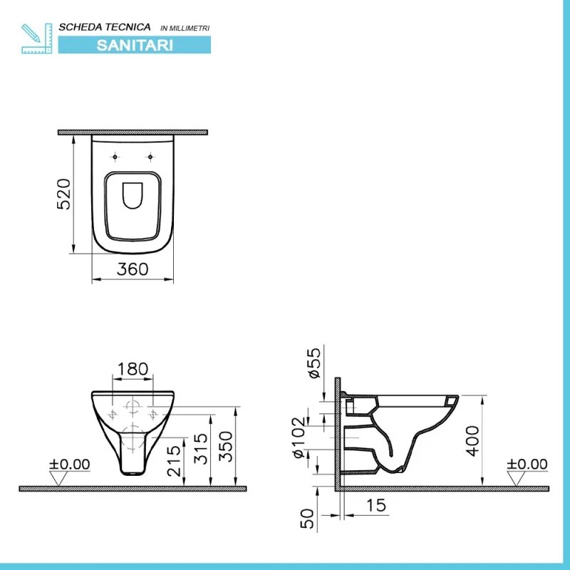 Wc sospeso senza brida Rimless bianco in ceramica lucida   Venti