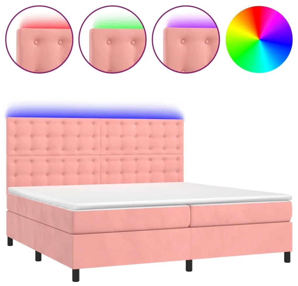 Letto a molle con materasso e led rosa 200x200 cm in velluto