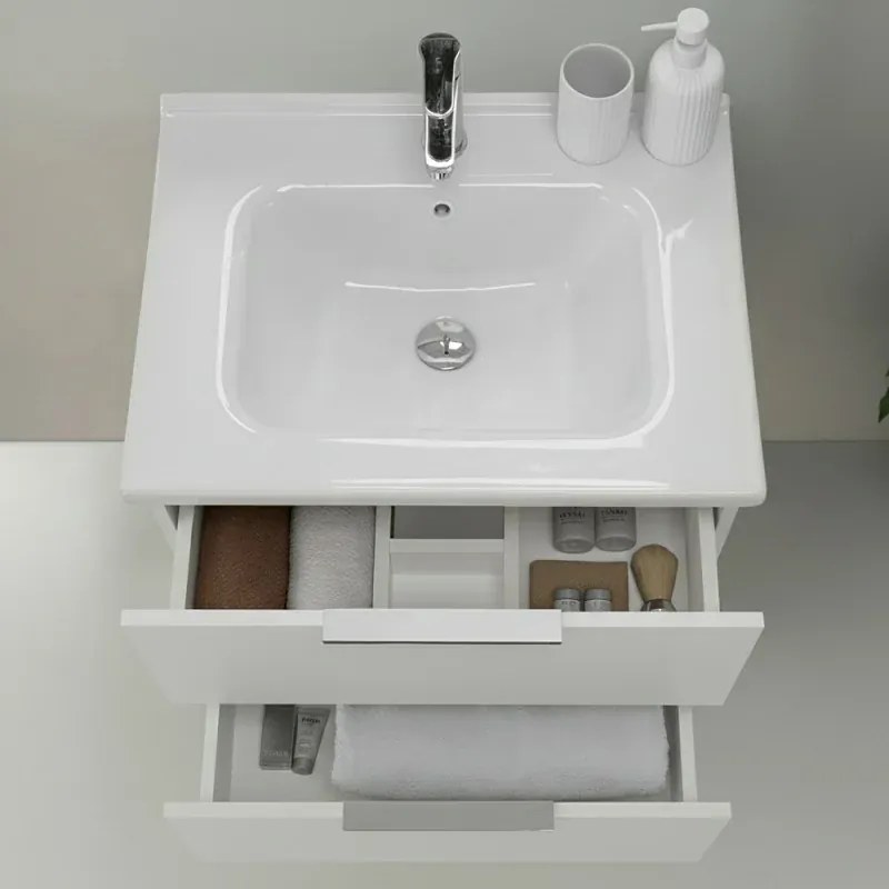 Mobile bagno sospeso 60cm bianco opaco con cassetti lavabo e specchio Elva