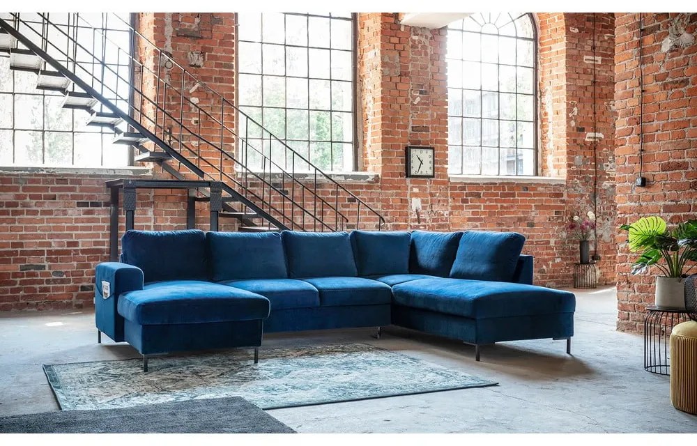 Divano letto a U in velluto blu navy, angolo destro Lofty Lilly - Miuform