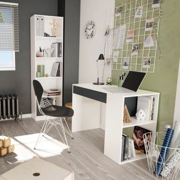 Scrivania Con Cassetto Moderna 101x50x73 Reversibile Con Ripiani Laterali Bianca