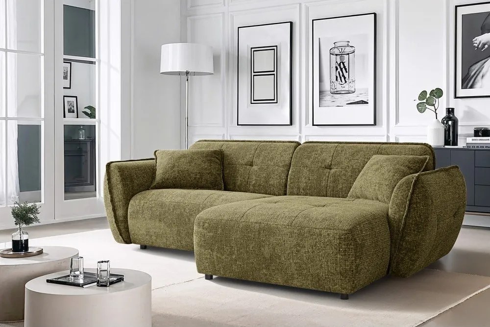 Divano angolare verde (con penisola a destra/con chaise lounge) con rivestimento in ciniglia Nelia – Ropez