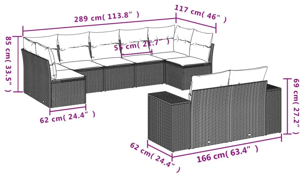 Set divano da giardino 9 pz con cuscini beige in polyrattan