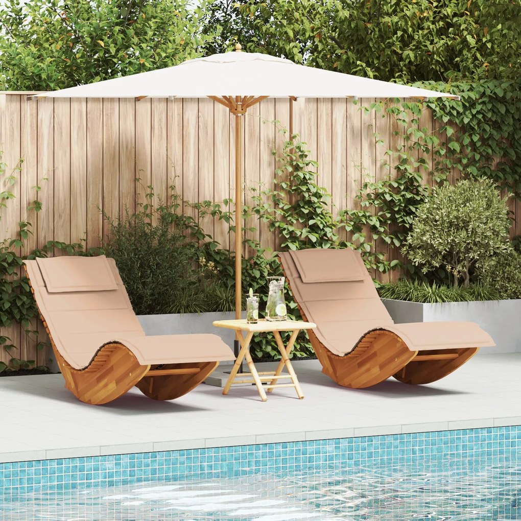 Lettino da sole set di 2 beige legno e tessuto imbottito grande