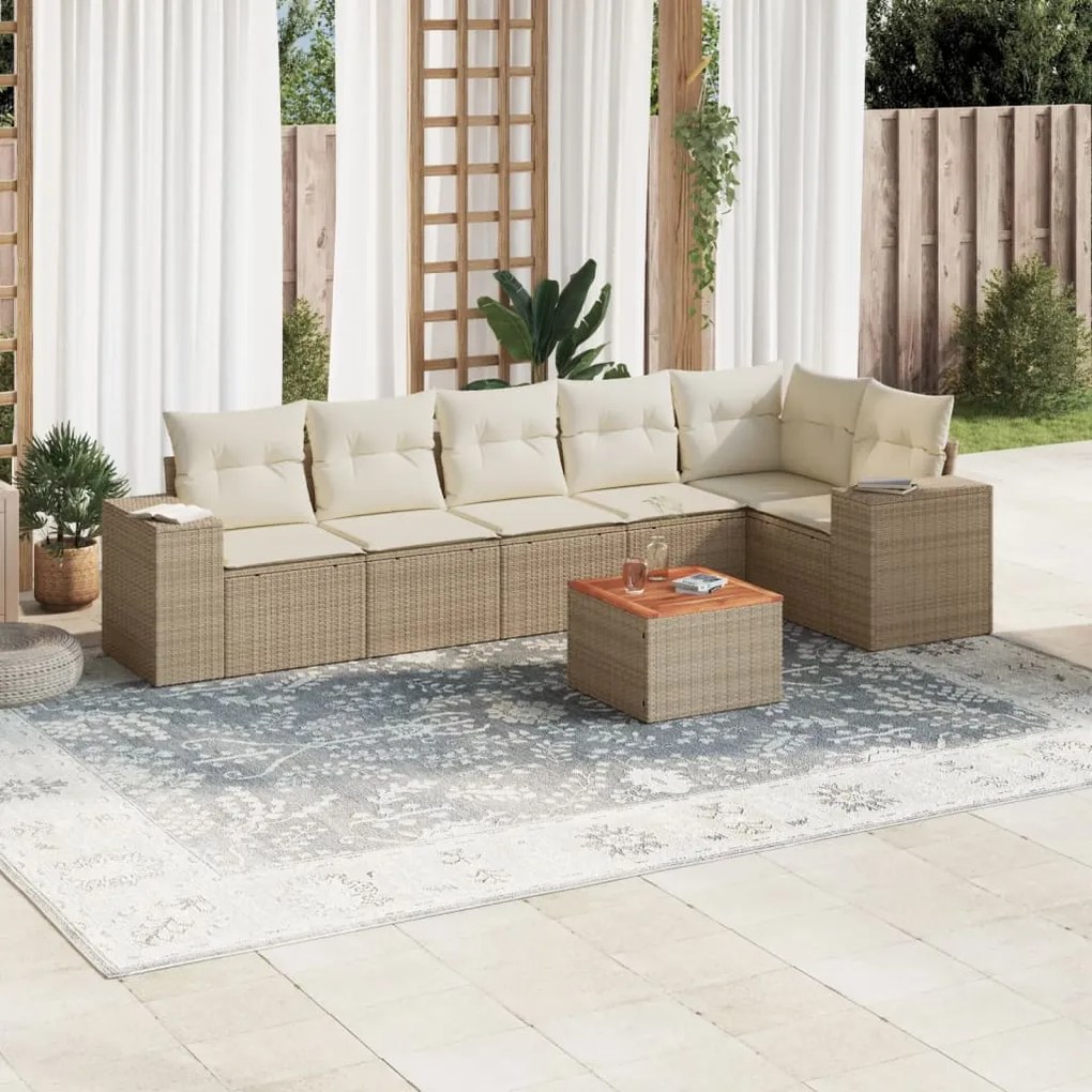 Set Divani da Giardino 7 pz con Cuscini Beige in Polyrattan